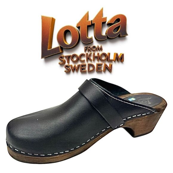 Lotta From Stockholm Black Leather Clogs w/ Brown Base EU 38 US 7.5 Strap EUC - Picture 1 of 11